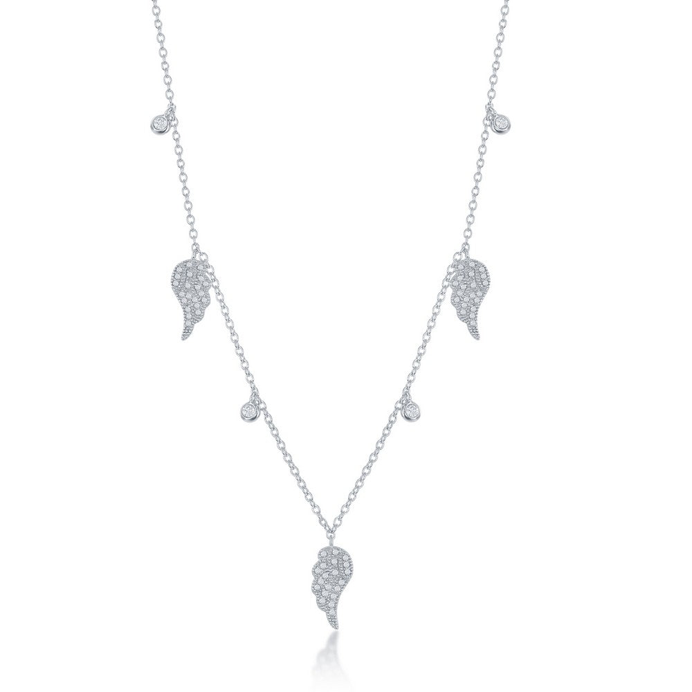 Sterling Silver Alternating Angel Wings and Bezel-Set CZ Necklace