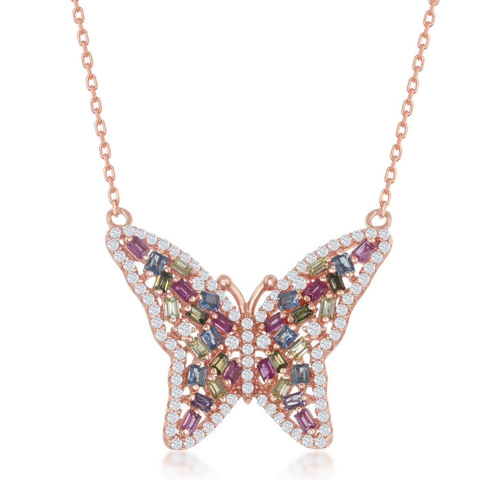 Sterling Silver Multi-Color Butterfly Necklace - Rose Gold Plated