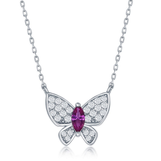 Sterling Silver White CZ with Center Ruby CZ Buterfly Necklace