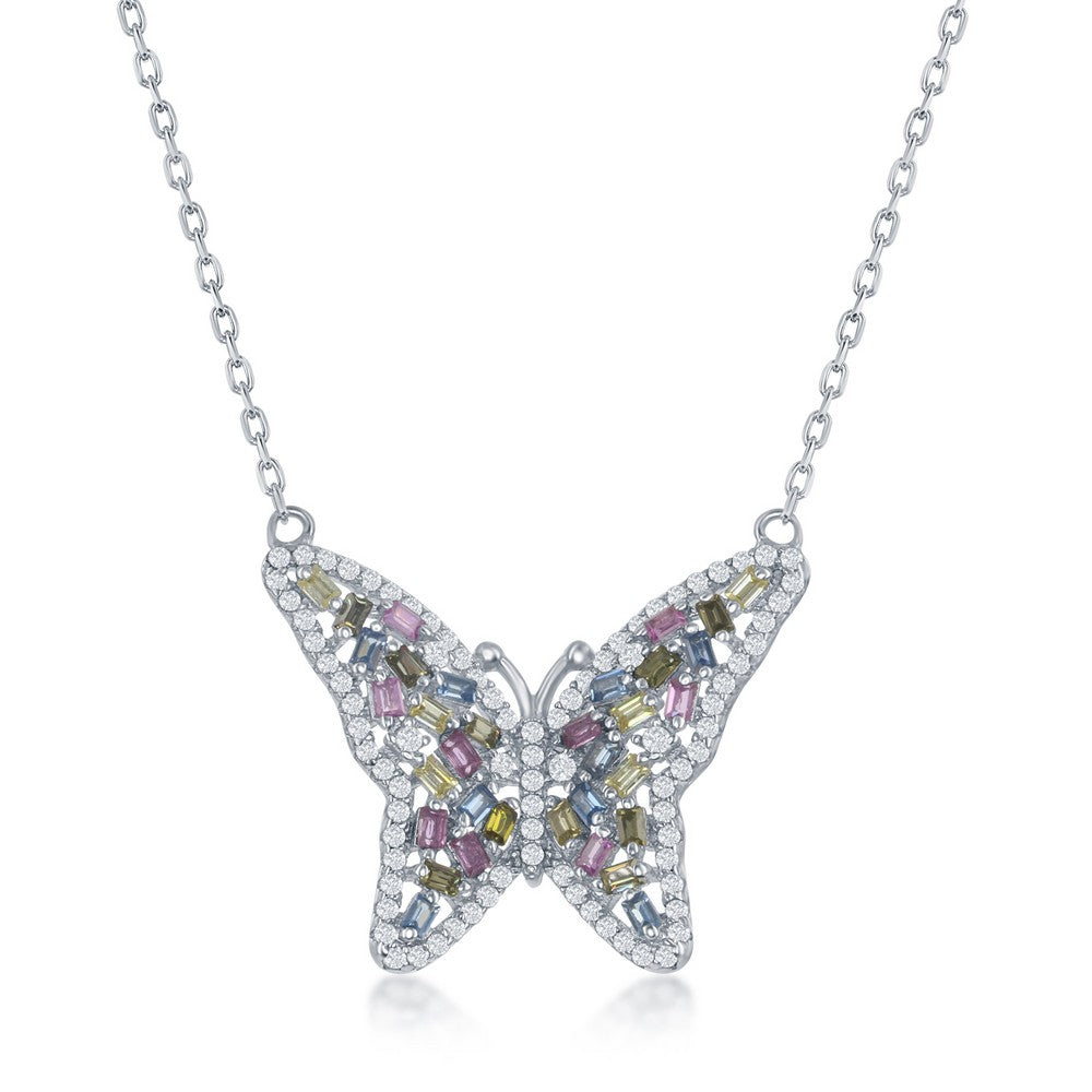 Sterling Silver Baguette Pink, Blue & Golden CZ Butterfly Necklace