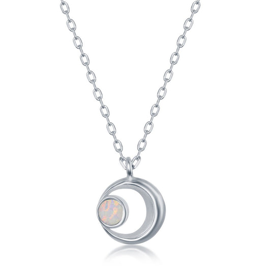 Sterling Silver Crescent Moon with White Inlay Opal Circle Necklace