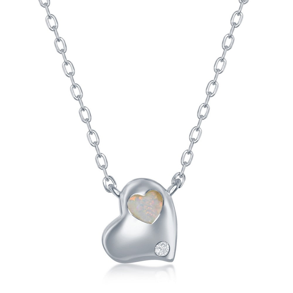 Sterling Silver White Inlay Opal & CZ Heart Necklace