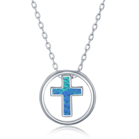 Sterling Silver Blue Inlay Opal Cross Necklace