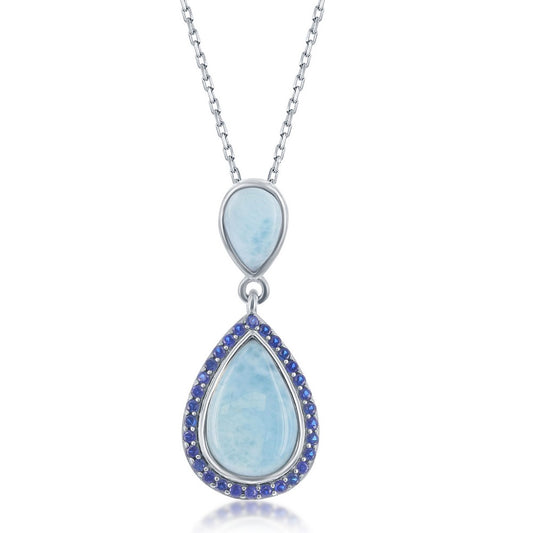 Sterling Silver Double Pear-Shaped Larimar with Sapphire CZ Necklace