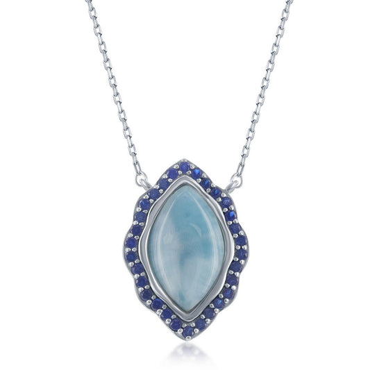 Sterling Silver Marquise Larimar with Spphire CZ Border Necklace