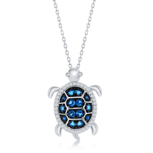 Sterling Silver Blue Spinel and White CZ Turtle Necklace