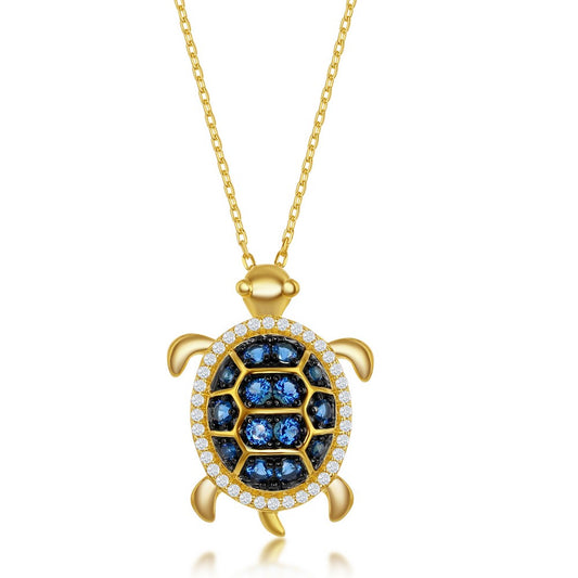 Sterling Silver Blue Spinel and White CZ Turtle Necklace - Gold Plated