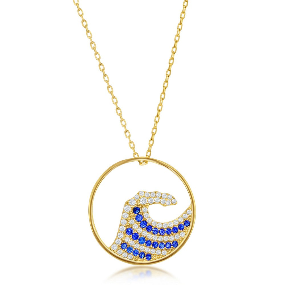 Sterling Silver Blue and White CZ Wave Necklace - Gold Plated