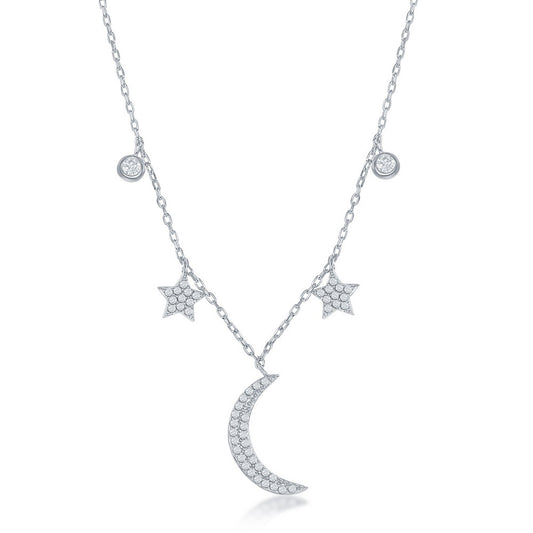 Sterling Silver Moon and Stars CZ Necklace