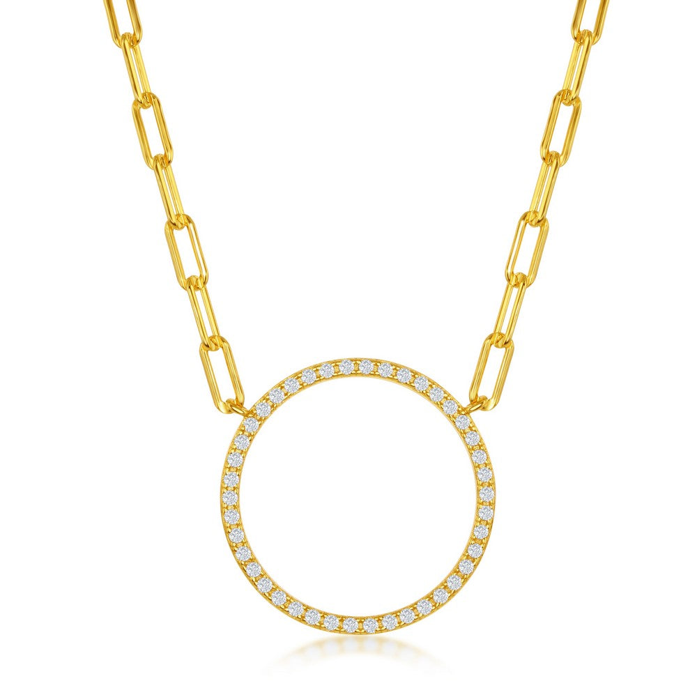 Sterling Silver CZ Circle of Life Paperclip Necklace - Gold Plated