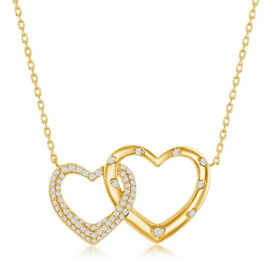 Sterling Silver Micro Pave CZ Interlocking Hearts Necklace - Gold Plated