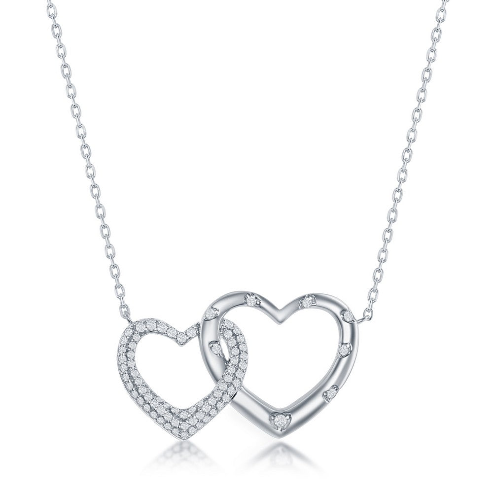 Sterling Silver Micro Pave CZ Interlocking Hearts Necklace