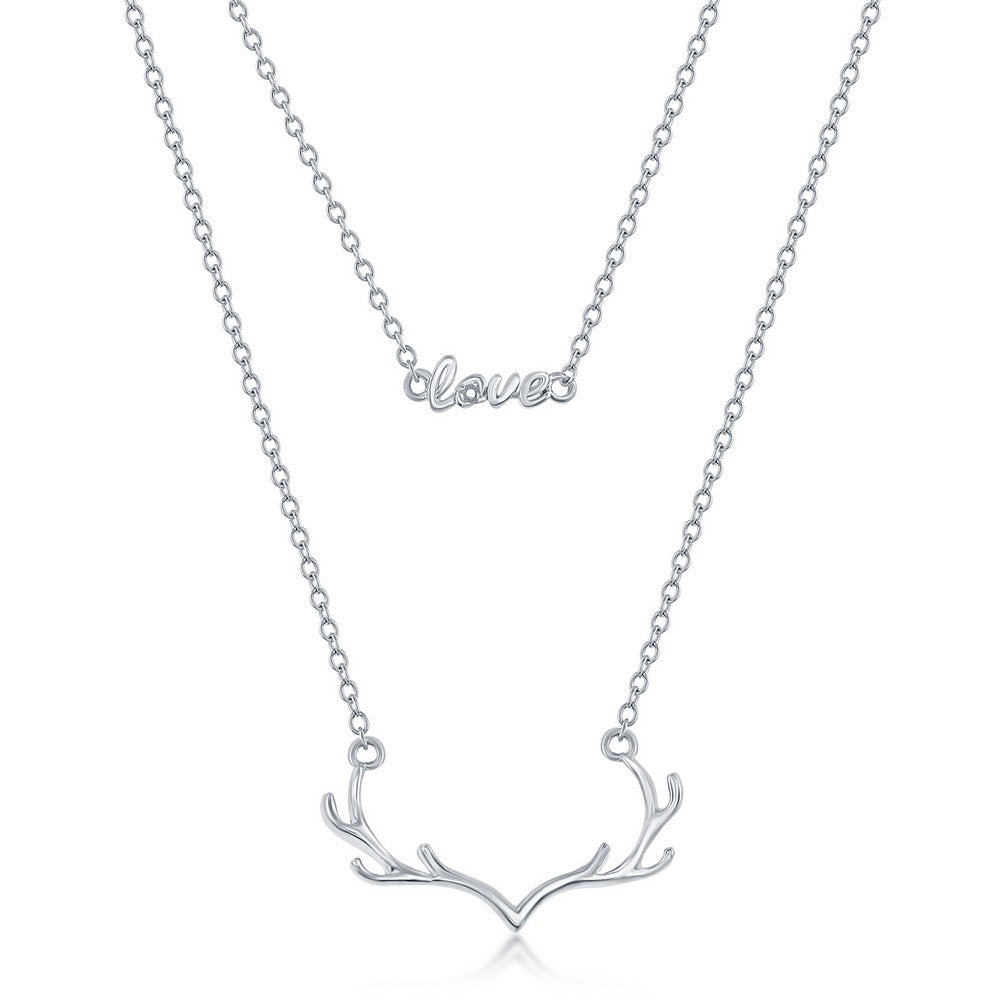 Sterling Silver 'Love' and Antlers Double Layered Necklace