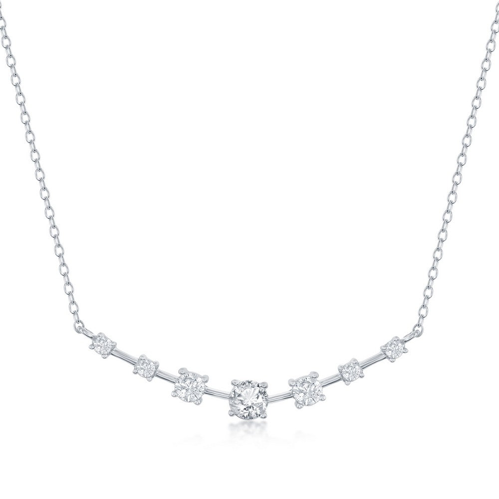 Sterling Silver Graduating Round CZ Curved Bar Necklace