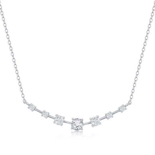 Sterling Silver Graduating Round CZ Curved Bar Necklace