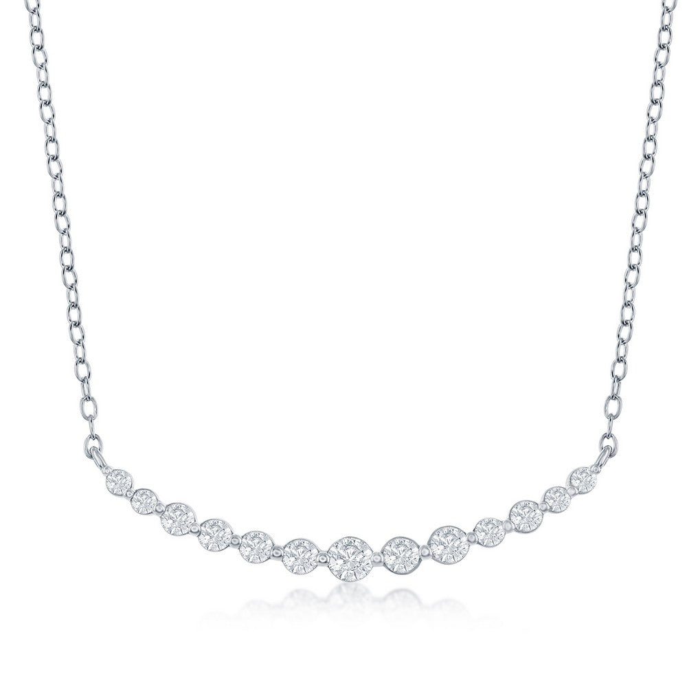 Sterling Silver Graduating Round CZ Curved Bar Necklace