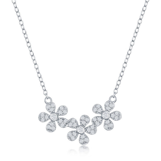 Sterling Silver Triple Flower CZ Necklace