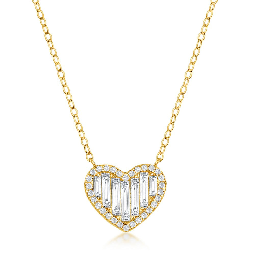 Sterling Silver Round and Baguette CZ Heart Necklace - Gold Plated