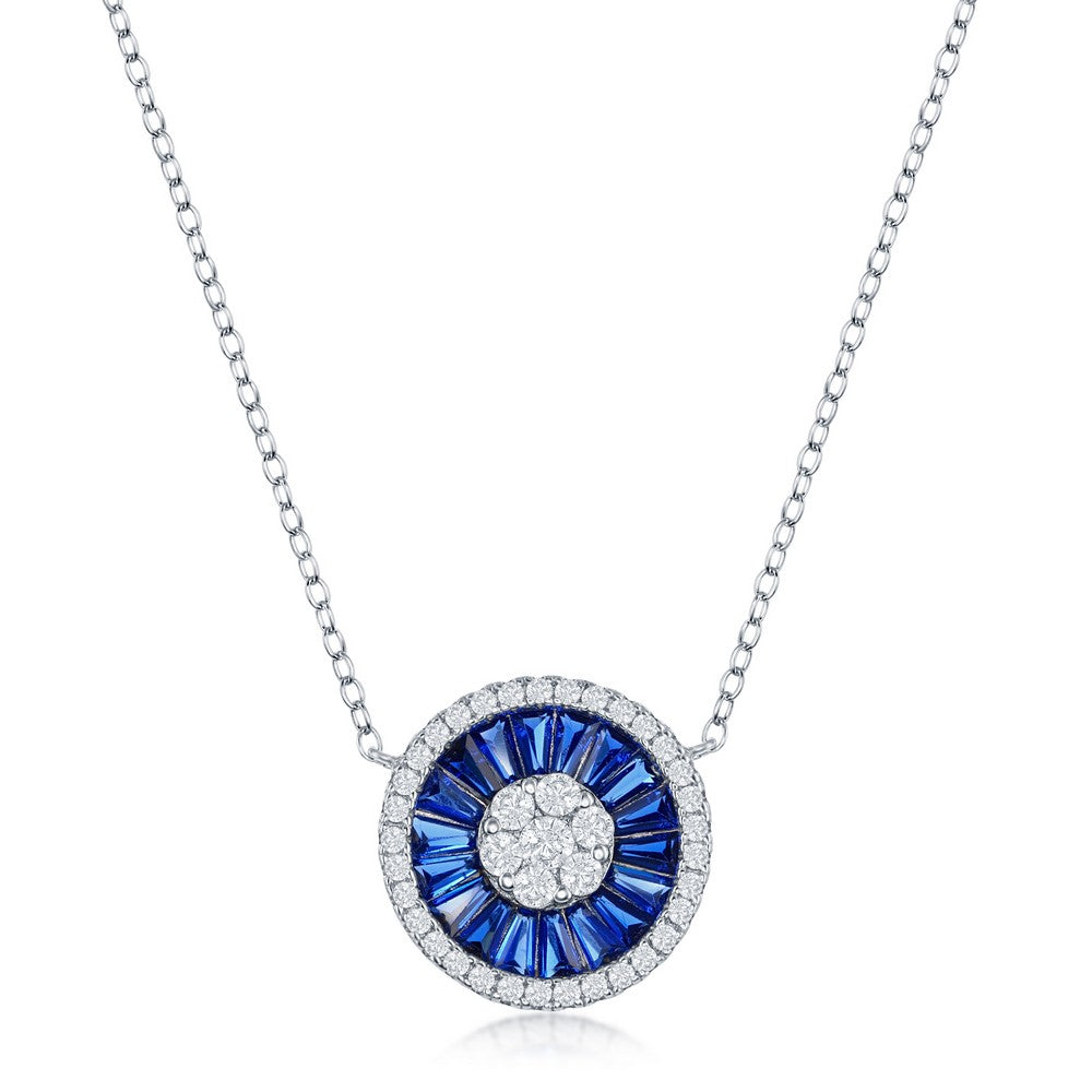 Sterling Silver White CZ and Sapphire CZ Baguette Circle Necklace