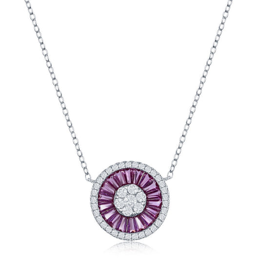 Sterling Silver White CZ and Ruby CZ Baguette Circle Necklace