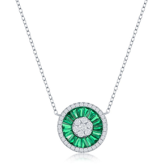 Sterling Silver White CZ and Emerald CZ Baguette Circle Necklace