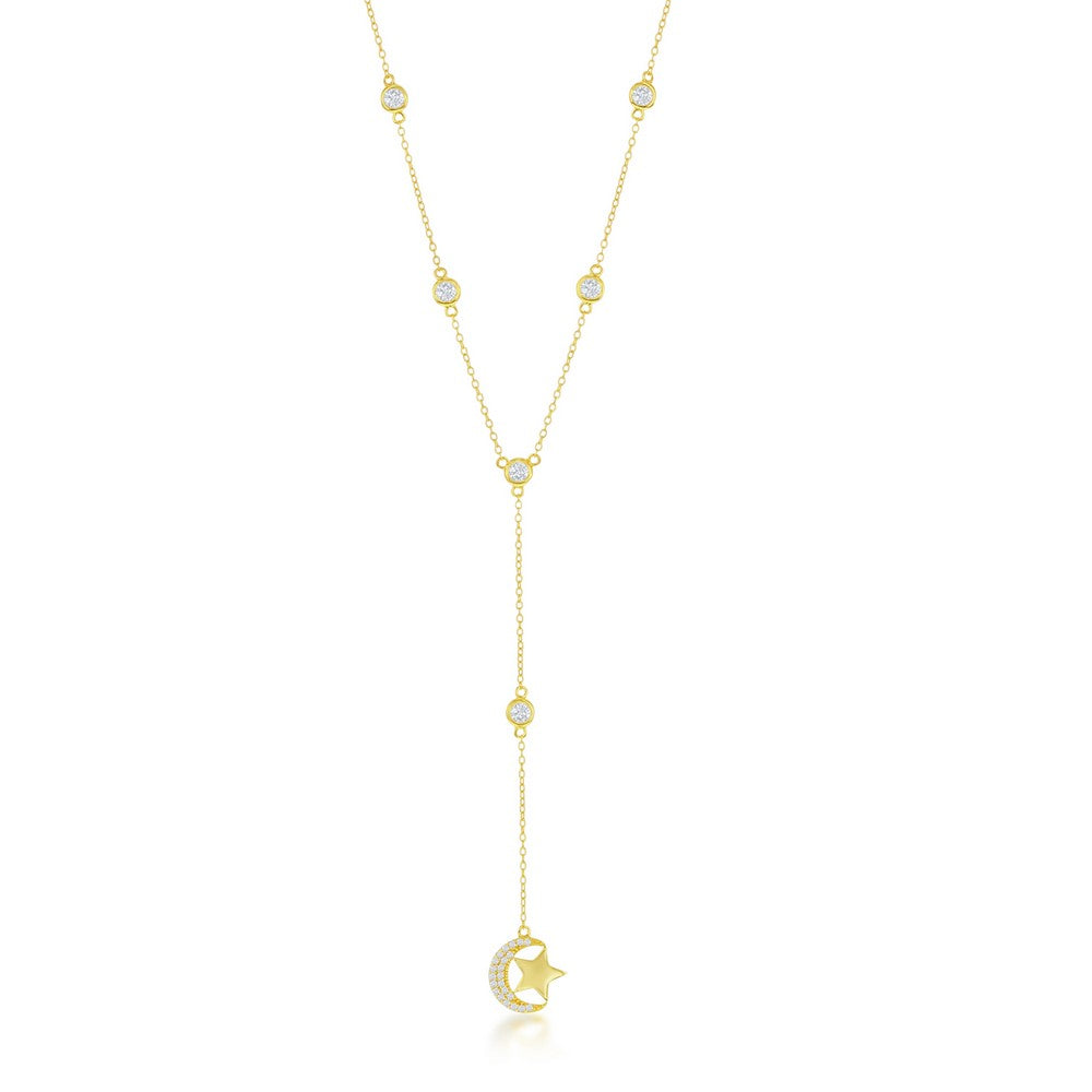 Sterling Silver Bezel-Set CZ By the Yard Moon and Star Necklace - Gold Plated