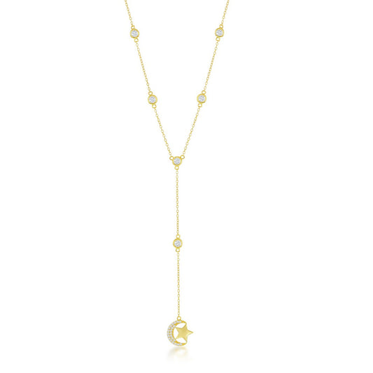 Sterling Silver Bezel-Set CZ By the Yard Moon and Star Necklace - Gold Plated