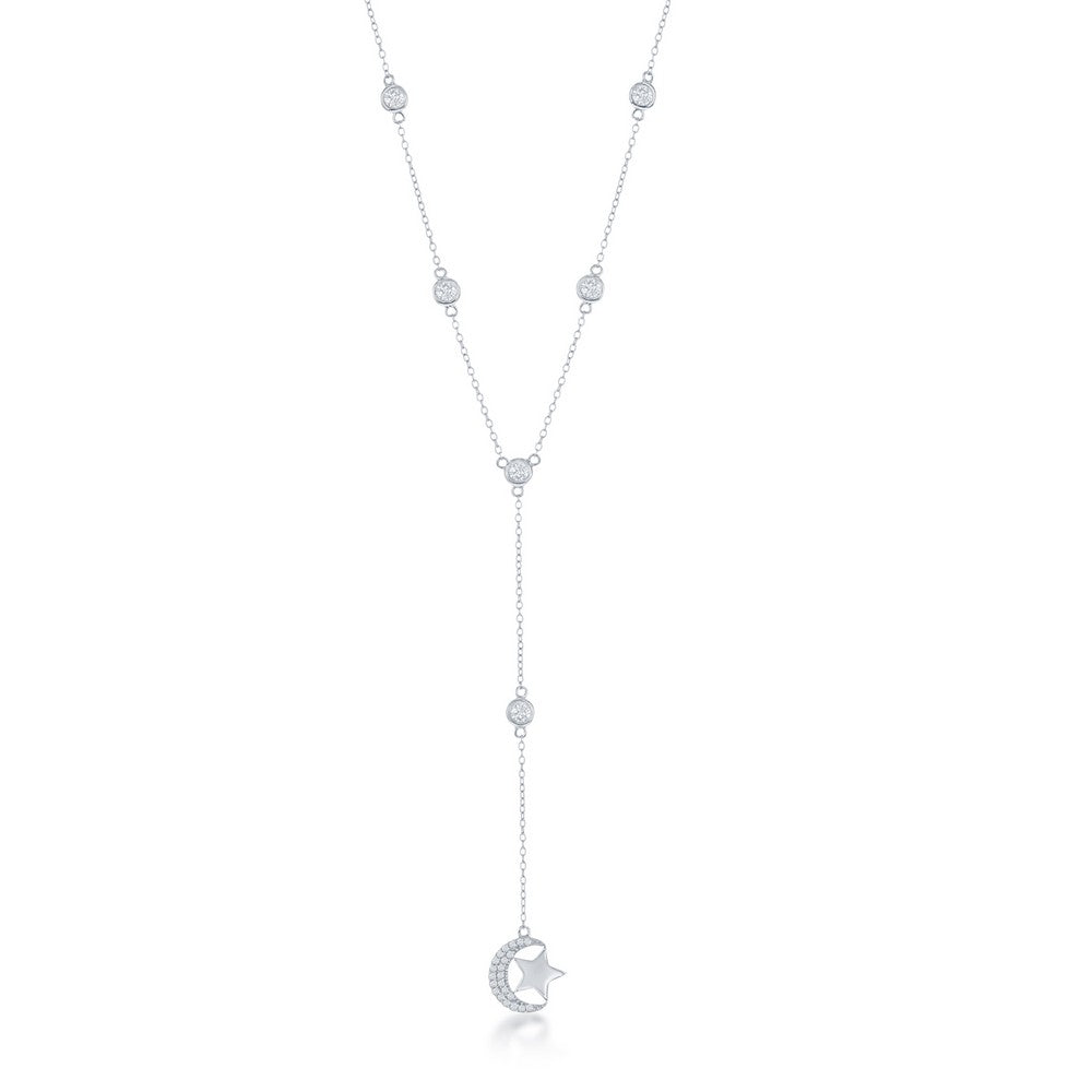 Sterling Silver Bezel-Set CZ By the Yard Moon and Star Necklace