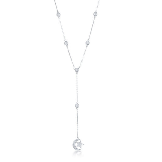 Sterling Silver Bezel-Set CZ By the Yard Moon and Star Necklace