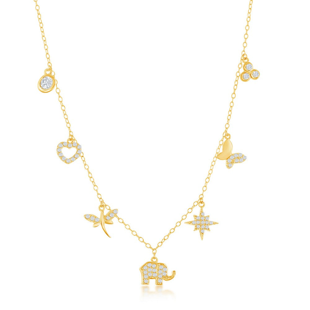 Sterling Silver Heart, Dragonfly, Elephant, Star, Butterfly & Cluster Necklace - Gold Plated