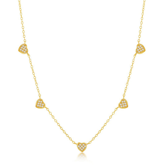 Sterling Silver Micro Pave CZ Dangling Multi-Heart Necklace - Gold Plated