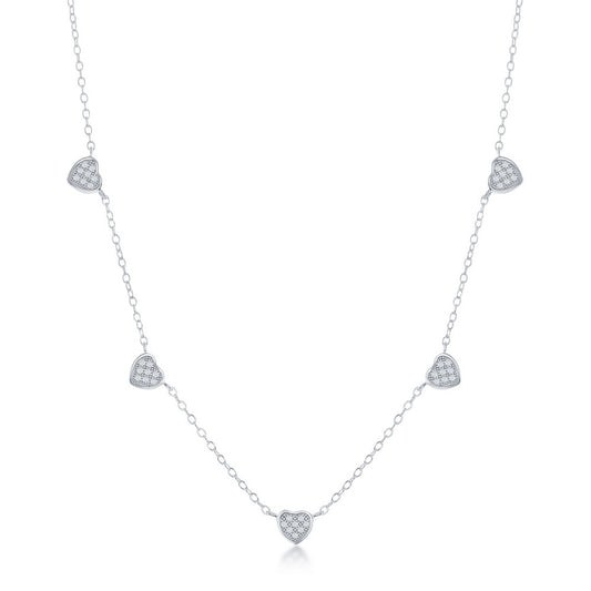 Sterling Silver Micro Pave CZ Dangling Multi-Heart Necklace