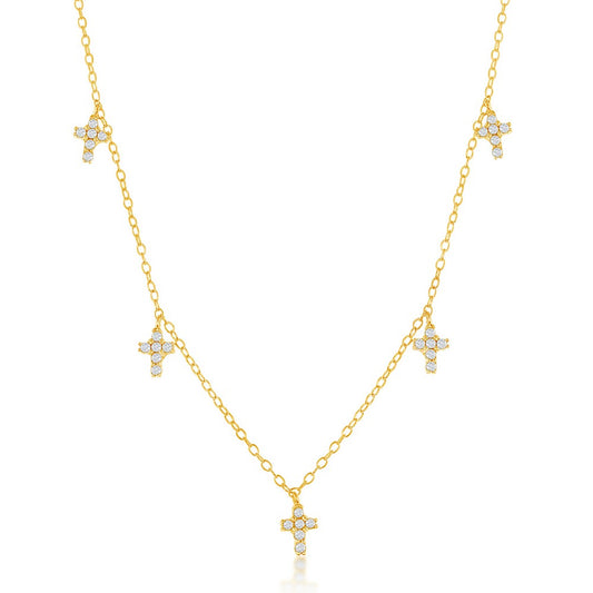 Sterling Silver Dangling CZ Cross Necklace - Gold Plated