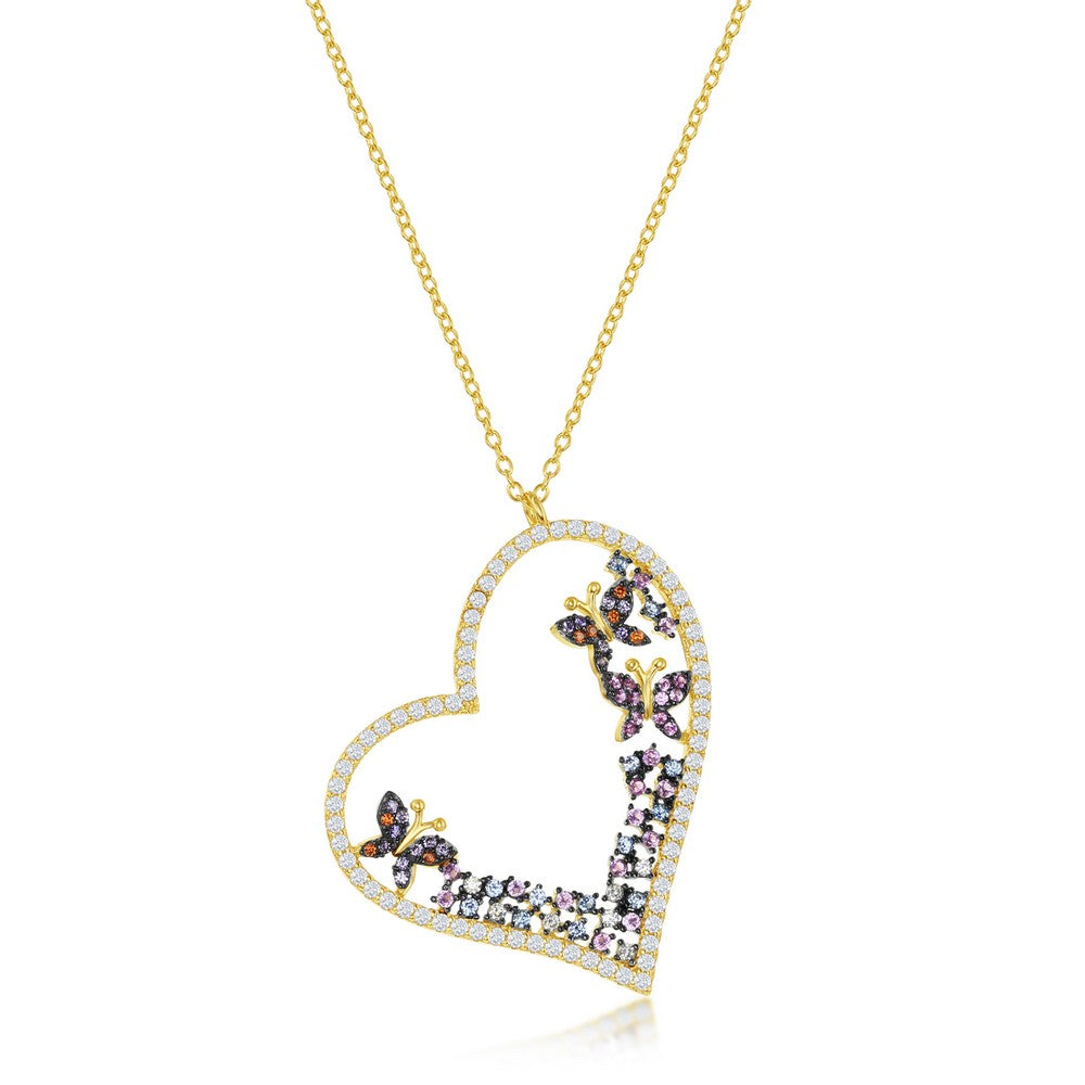 Sterling Silver White, Pink & Blue CZ Heart & Butterflies Necklace - Gold Plated