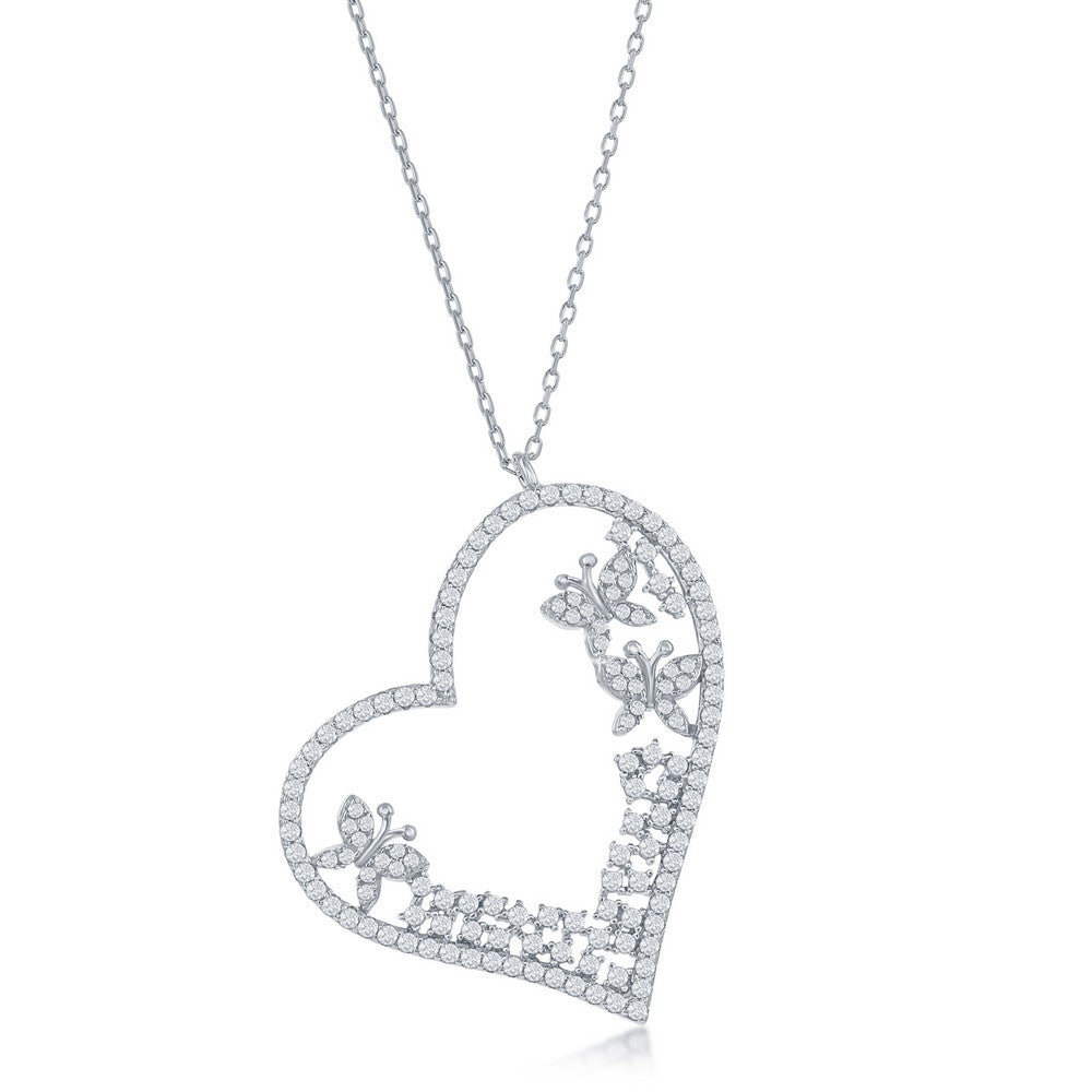 Sterling Silver CZ Heart & Butterflies Necklace