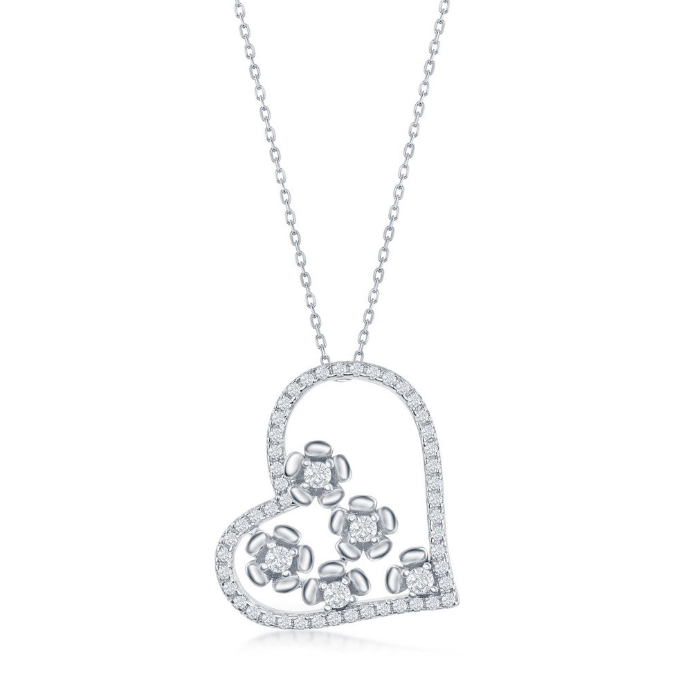 Sterling Silver CZ Heart and Flowers Necklace