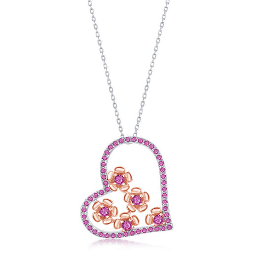 Sterling Silver CZ Ruby Heart and Flowers Necklace - Rose Gold Plated