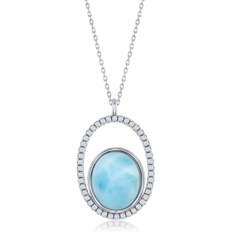 Sterling Silver Oval Larimar with CZ Necklace