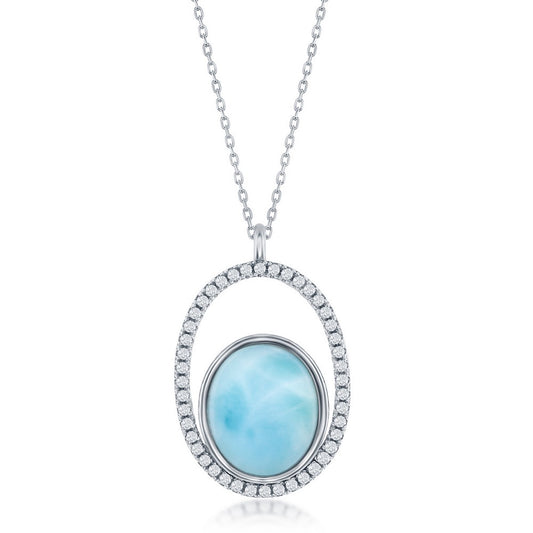 Sterling Silver Oval Larimar with CZ Necklace