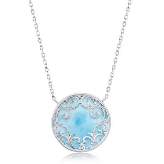 Sterling Silver Round Larimar Filigree Design Necklace