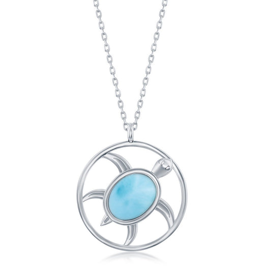 Sterling Silver Oval Larimar Turtle Round Necklace