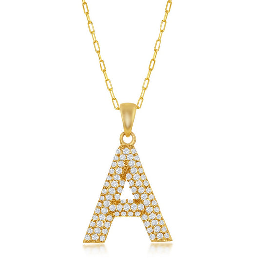 Sterilng Silver Micro Pave CZ  'A'  Block Initial w/Paperclip Chain - Gold Plated