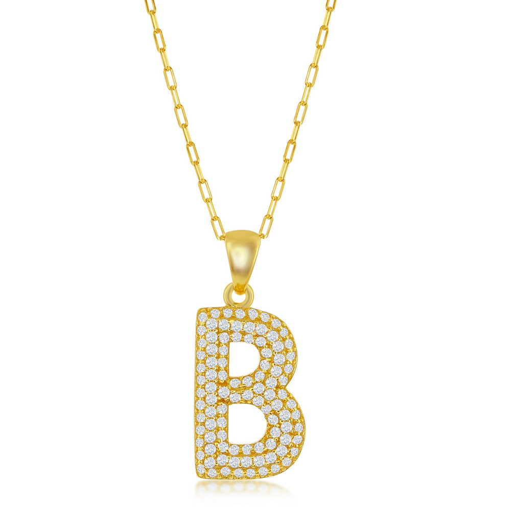 Sterilng Silver Micro Pave CZ  'B'  Block Initial w/ Paperclip Chain - Gold Plated