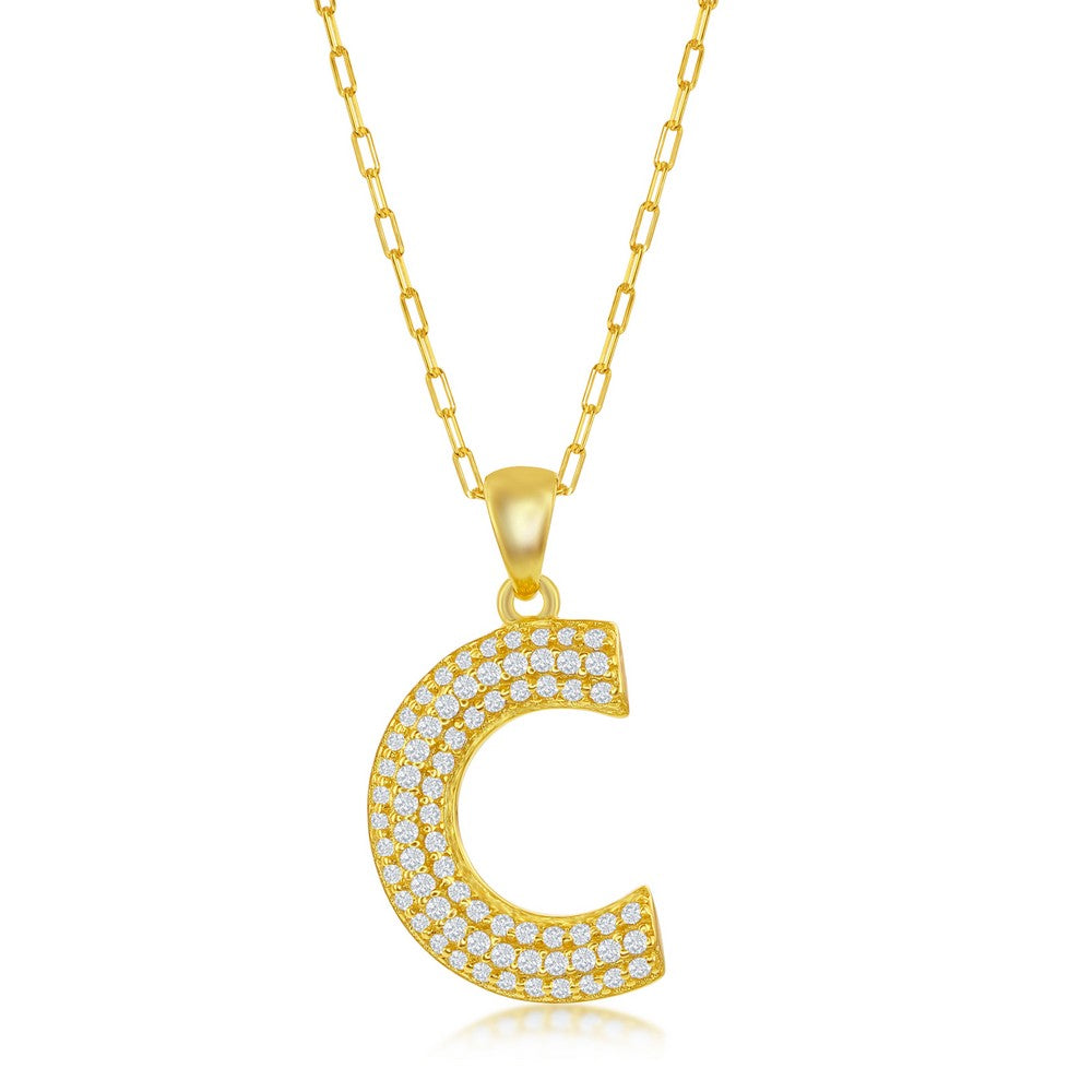 Sterilng Silver Micro Pave CZ  'C'  Block Initial w/ Paperclip Chain - Gold Plated