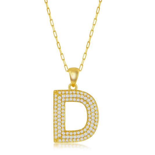 Sterilng Silver Micro Pave CZ  'D'  Block Initial w/Paperclip Chain - Gold Plated