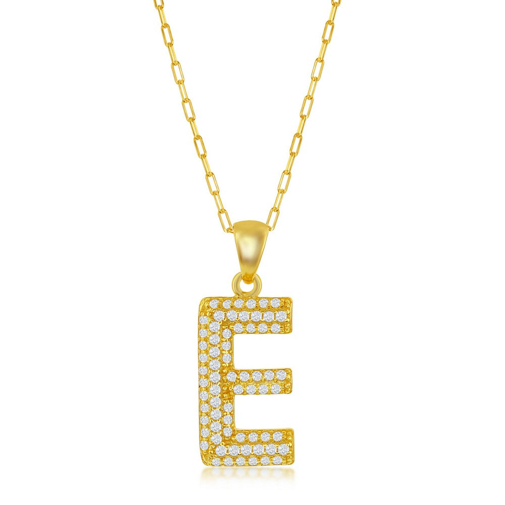 Sterilng Silver Micro Pave CZ  'E'  Block Initial w/ Paperclip Chain - Gold Plated