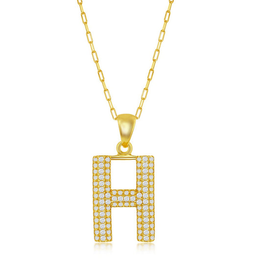 Sterilng Silver Micro Pave CZ  'H'  Block Initial w/ Paperclip Chain - Gold Plated