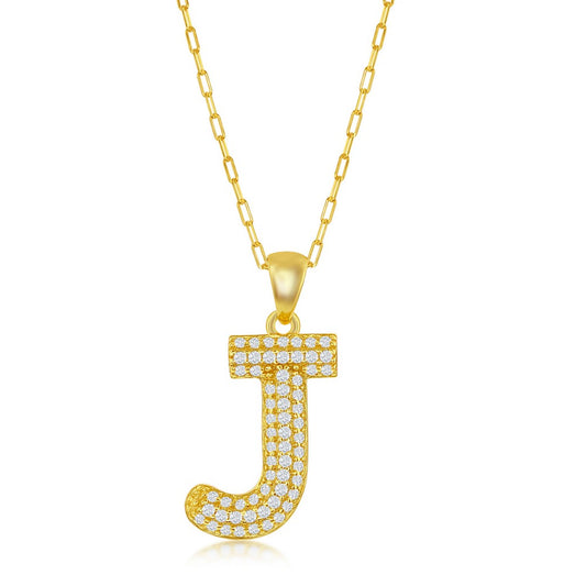 Sterilng Silver Micro Pave CZ  'J'  Block Initial w/ Paperclip Chain - Gold Plated