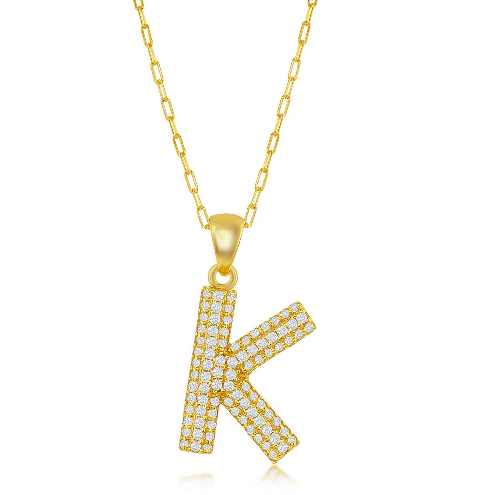 Sterilng Silver Micro Pave CZ  'K'  Block Initial w/ Paperclip Chain - Gold Plated