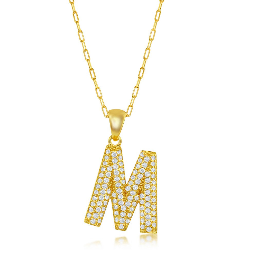 Sterilng Silver Micro Pave CZ  'M'  Block Initial w/ Paperclip Chain - Gold Plated